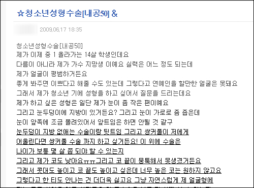 왜곡된 자아 이미지는 무리한 다이어트, 거식증, 정서 불안 등으로 나타난다. 인터넷 '지식' 사이트나 토론방에 가면 어린이와 청소년들이 미용, 다이어트, 성형수술에 대해 묻고 답하는 것을 흔히 볼 수 있다. 사진은 성형 관련 문의를 하는 초등학생의 글.