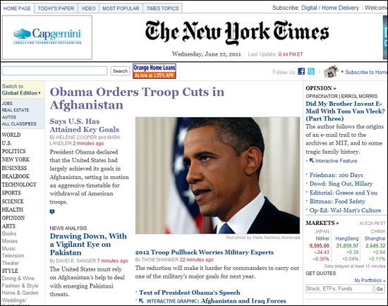 오바마 대통령의 미군 철수 발표를 전하는 22일 <뉴욕 타임스> 인터넷판 