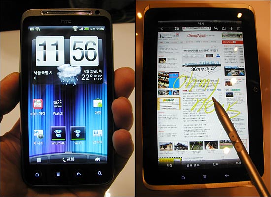 4G 스마트폰 '이보4G+'(왼쪽)와 4G 태블릿 '플라이어4G'