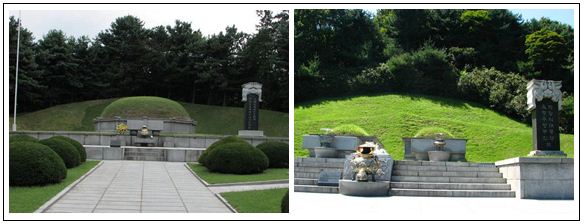 서울 동작동 국립현충원에 있는 이승만 대통령 부부 묘역(왼쪽)과 박정희 대통령 부부 묘역.



