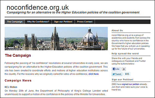 연합정부의 고등교육 정책에 대한 불신임 투표가 진행된 웹사이트.