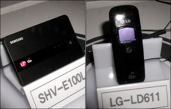 LG유플러스가 30일 오전 LTE 시연 행사에서 선보인 LTE 라우터(왼쪽)과 LTE 모뎀