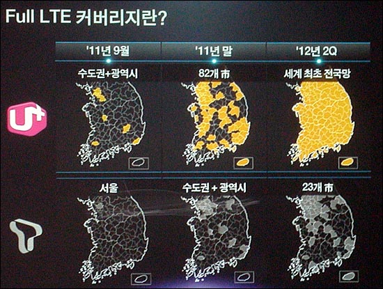 LG유플러스가 지난 6월 30일 오전 LTE 시연 행사에서 발표한 양사 LTE 커버리지 계획.