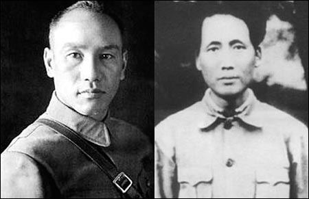 국공내전 당시 국민당과 공산당을 이끈 장개석(장제스)과 모택동(마오쩌둥). 사진은 1930년대 초반의 모습. 사진은 위키페디아 백과사전에 있는 2개의 사진을 편집한 것. 
