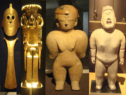 　미호뮤지엄 여름철 특별전, 고대 아메리카 문명에 전시된 여러 가지 사람 모습 장식입니다. 왼쪽 두 점은 금으로 만들었고, 왼쪽 두 점은 흙으로 만들었습니다.