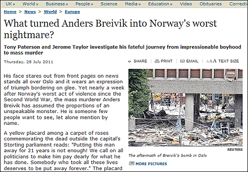 노르웨이 테러 용의자 브레이비크의 인생 궤적을 짚은 <인디펜던트>.