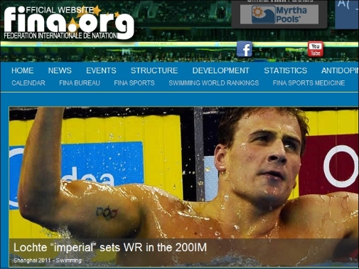  라이언 록티의 세계신기록 달성을 알리는 국제수영연맹 공식 홈페이지