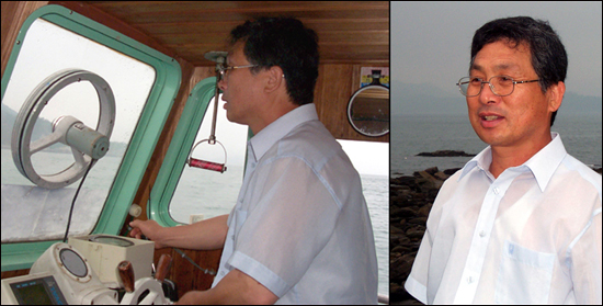 이재언 씨가 직접 배를 몰아 섬을 찾아다니고 있다. 오른쪽은 섬 탐험에 얽힌 얘기를 풀어내고 있는 이 씨의 모습이다.