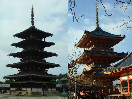 　왼쪽은 호류지절에 있는 오층탑이고, 오른쪽은 교토 기오미즈데라(淸水寺)에 있는 삼층탑입니다. 두 탑은 탑의 처마 선이 다릅니다. 호류지 오층탑은 탑의 처마선이 비스듬히 기울어져 있습니다. 이러한 모습은 백제탑에서 볼 수 있는 특징이기도 합니다. 