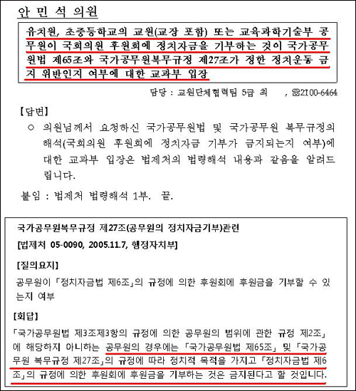  교사의 국회의원 정치자금 후원에 대한 교과부의 유권해석. 지난 6월 민주당 안민석 의원은 교과부(장관 이주호)에게 유치원, 초중등 교사가 정치자금을 국회의원에게 후원하는 것에 대한 유권해석을 질의하였더니 교과부는 "불법"이라고 답변했다. 그런데 한나라당의원에 정치자금을 후원한 교사나 돈을 받은 한나라당 의원들은 기소되지 않고, 징계도 안 받았다.