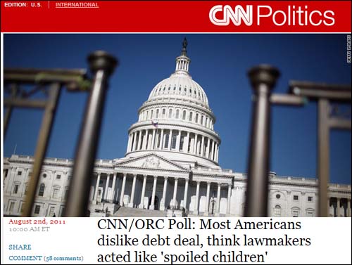 CNN/ORC 여론조사 결과, 대부분의 미국인은 이번 부채협상에서 의원들이 버릇없는 응석받이처럼 행동했다고 생각하고 있는 것으로 나타났다.