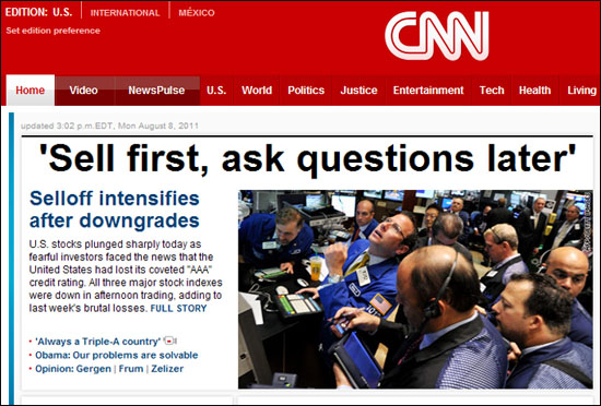 '일단 먼저 팔고보자'자는 심리가 미국 주식시장을 지배했다는 8일자 CNN 인터넷판 기사.