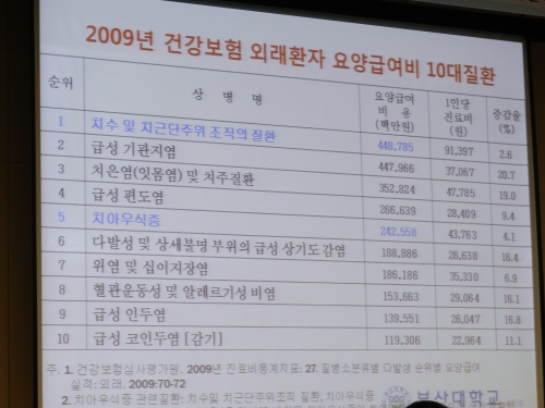 2011년 7월 14일 수돗물불소농도조정사업 30주년 기념사업에서 발표한 김진범교수님의 슬라이드 한 장면. 1위 3위 5위가 치과질환이다.