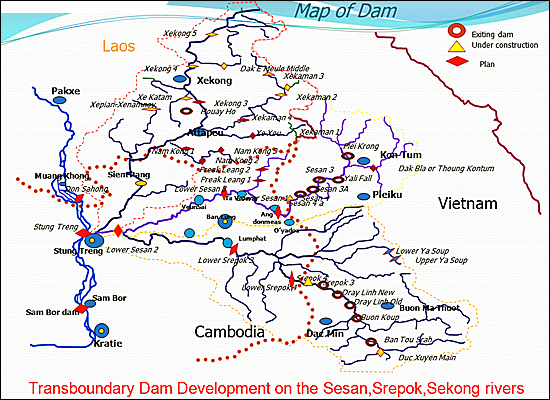 캄보디아 북동쪽 라타나끼리지방의 세개의 강(세산, 스레폭, 세콩강)에 예정된 댐 건설 현황.