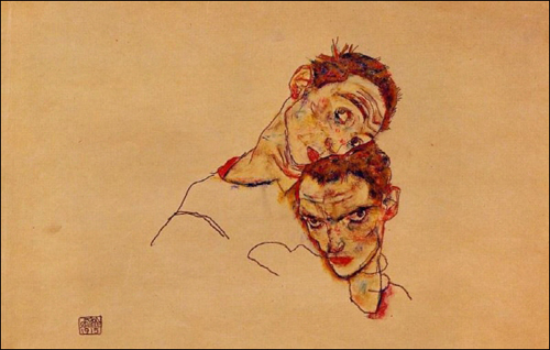 에곤 실레의 이중자화상 (1915) 체념한 듯 다소 평화로워 보이는 얼굴과 저항하듯 눈을 치켜뜬 얼굴. 자아가 이중으로 분열된 모습이다. 