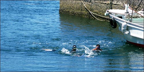  여름방학을 맞아 이와이시마를 찾은 아이들이 바다에서 수영을 즐기고 있다. 현재 이와이시마 초등학교에 등록한 학생은 4명뿐이다.