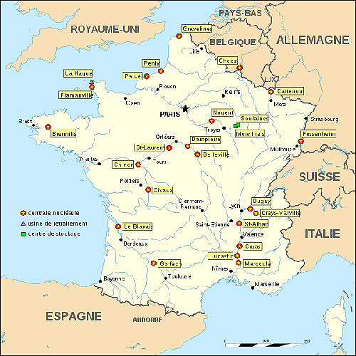 프랑스의 원자력발전소, 핵 폐기물 처리센터 및 저장소 현황.