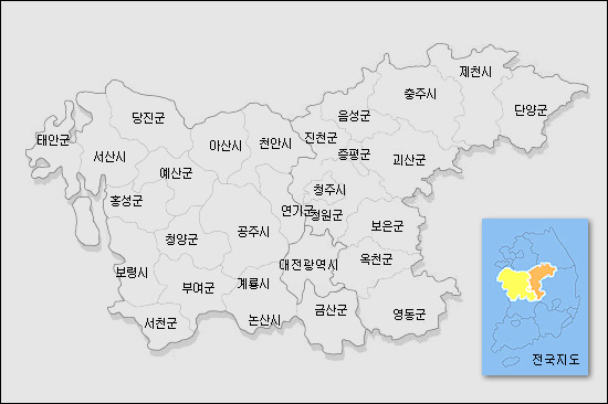 대전광역시·충청남도·충청북도 지도