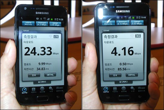 삼성 LTE 스마트폰 갤럭시S2 LTE로 LTE 다운로드 속도를 측정해보니 3G보다 5배 이상 빨랐다.