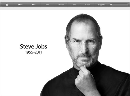 애플 창업자인 스티브 잡스 사망 소식을 전하고 있는 애플 홈페이지