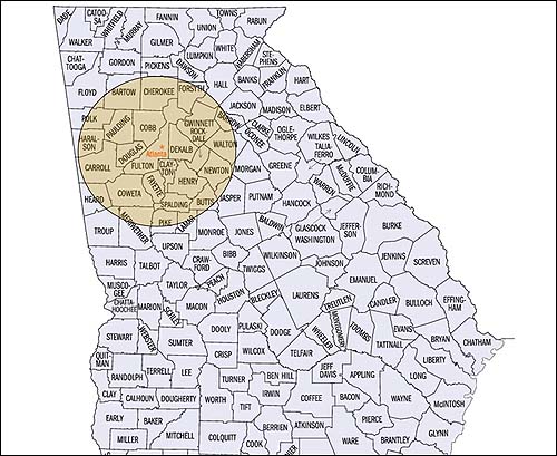 조지아 주 지도에서 본 메트로 애틀랜타 지역. 