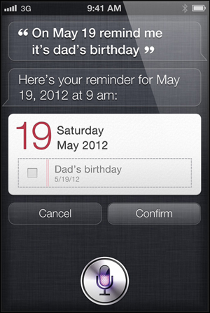 애플의 음성명령 시스템 '시리(Siri)'. 모바일 산업에 핵폭풍을 몰고 올 신개념의 인터페이스다. 사용자가 '내년 5월 19일이 아버지 생신이니, 잊지 않도록 해 달라'고 부탁하자 '당일 아침 9시에 쪽지로 알려주겠다'며 말과 글로 답한다.