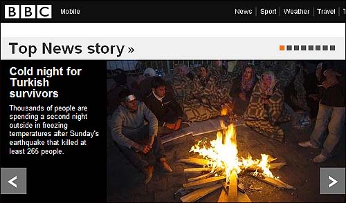 추운 날씨가 터키 강진 생존자들을 더 힘들게 하고 있다고 보도한 BBC.