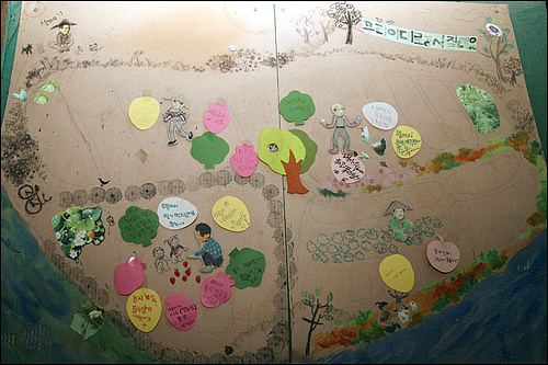 예술가, 학생들이 그린 팔당 유기농지 지도와 농민들의 캐리커처