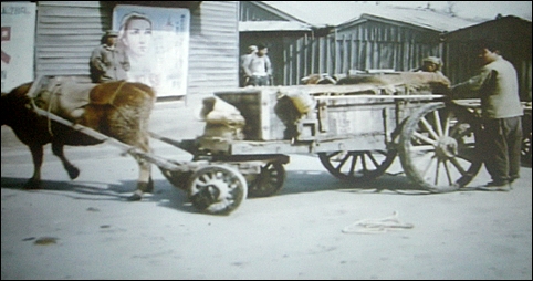 미군 병사가 촬영한 1953년 군산시내, 영화 포스터와 판자울타리가 죽성동 가설극장 앞길이라고 말해주는 듯했다. 
