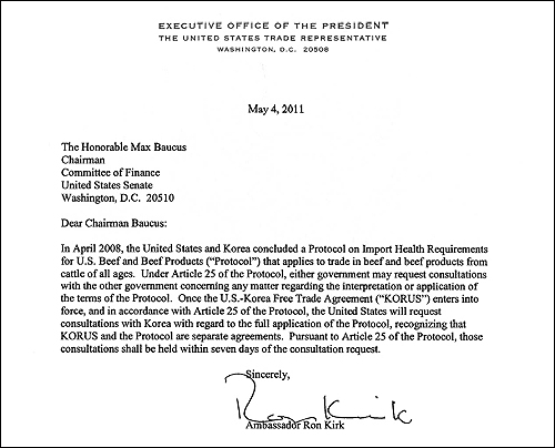 2011년 5월 4일 론 커크 미국 무역대표부 대표가 바커스 의원에게 보낸 편지.