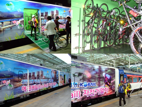 소화물 화차를 개조한 자전거 적재열차에 자전거를 실을 수 있다. 승객은 뒤쪽에 연결된 무궁화호 객차에 탑승한다.