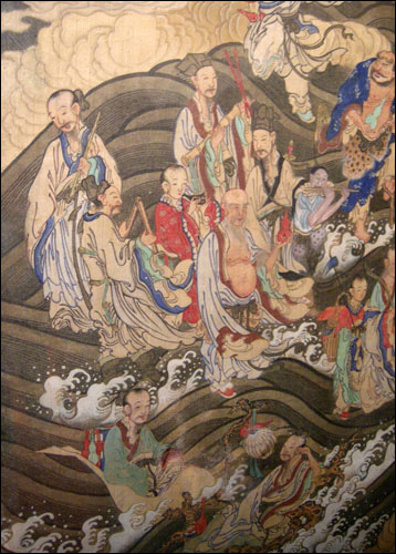  작자미상 I '요지연도(瑤池宴圖 Immortals's Feast)' 비단에 채색 134×366cm 19세기(부분화 2번째 폭의 부분화). 경기도박물관소장 
