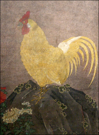 전(傳) 김홍도 I '금계도 8곡병(Golden Rooster)' 종이에 채색 111×404cm 19세기 전반(부분화)