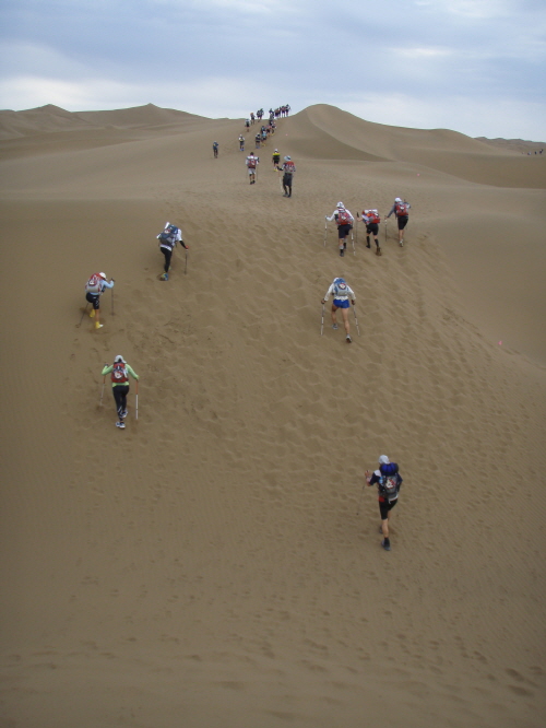  모래언덕을 힘겹게 오르는 참가자들