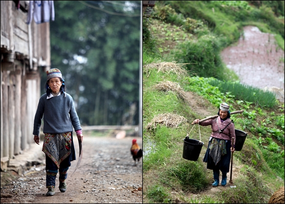 잊지 못할 하루밤을 보낸 후 오지 소수민족 마을의 아침. 수이족 할머니(왼쪽)와 아주머니(오른쪽). 전레이춘에는 수이족과 먀오족이 어울려 살아가는 마을이다. 