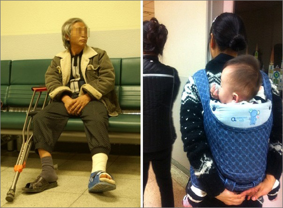 다리 수술 후 통원치료를 받고 있는 박씨(좌)와 감기를 치료하기 위해 원주병원을 찾은 쌍둥이 남매와정씨(우).