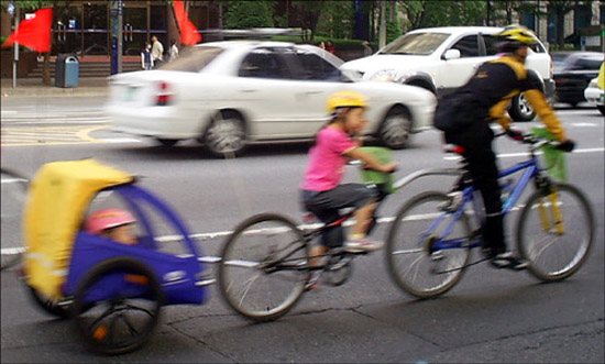 자전거 행사 '발바리'에 나온 3인용 5륜 자전거. 자전거 2대에 붙이고, 다시 짐칸을 붙였다. 과거 인동차는 이처럼 자전거 뒤에 짐칸을 붙인 형태였는데, 짐칸은 사진처럼 지붕덮개가 있었다.