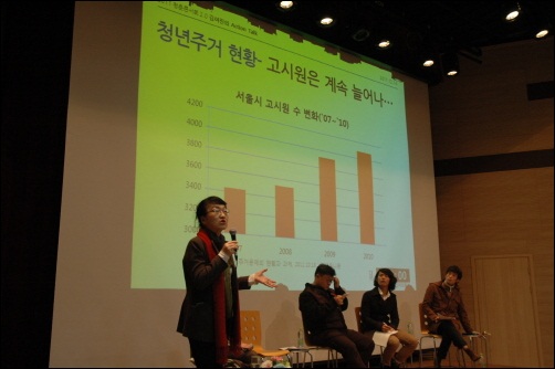 고시원만 계속 늘어가는 청년들의 주거현황에 대해 통계자료를 보여주며 조목조목 지적하고 있는 김진애 의원.