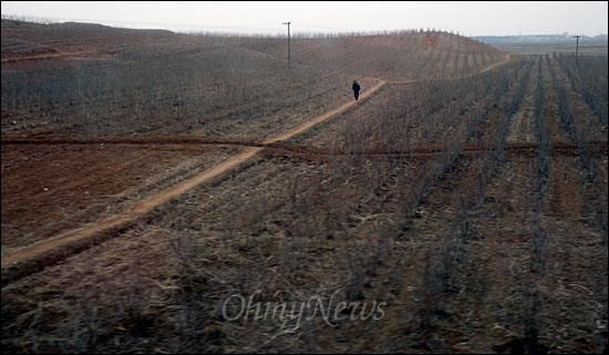 한 북한 주민이 황량한 시골길을 홀로 걸어가고 있다.