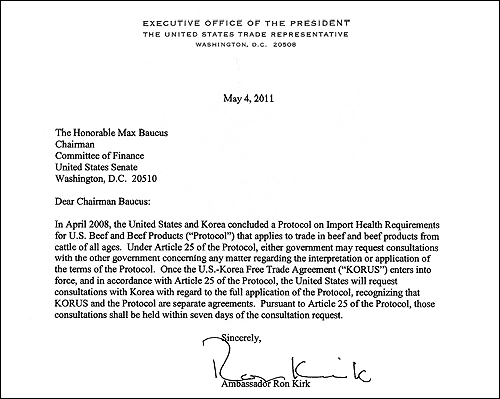 5월 4일 론 커크 미국 무역대표부 대표가 바커스 의원에게 보낸 편지.