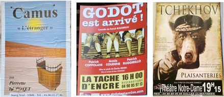 오프공연의 포스터들 - 왼쪽부터, 까뮈의 <이방인>  베케트의 원작의 각색<고도는 도착했다!> 체홉의 <PLAISANTERIES>

