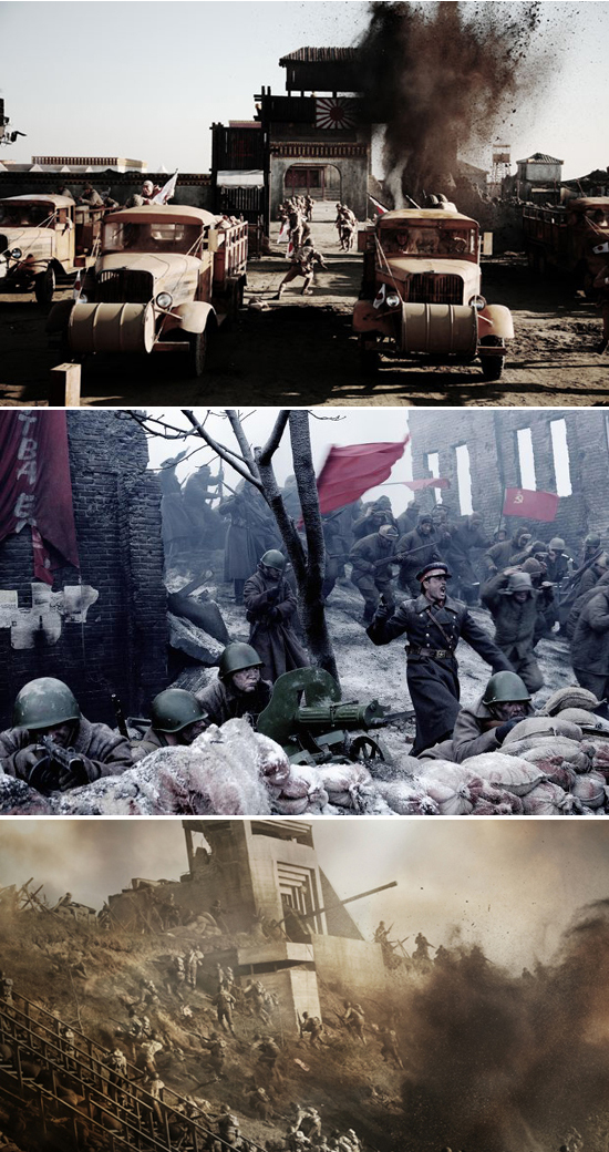  한국영화 최고 제작비 300억원이 들어간 <마이웨이>의 대규모 전투 장면은 스크린을 압도한다. 사진은 위쪽부터 몽골 노몬한전투, 독소전쟁, 노르망디 상륙작전을 묘사한 영화 속 전투 장면이다.