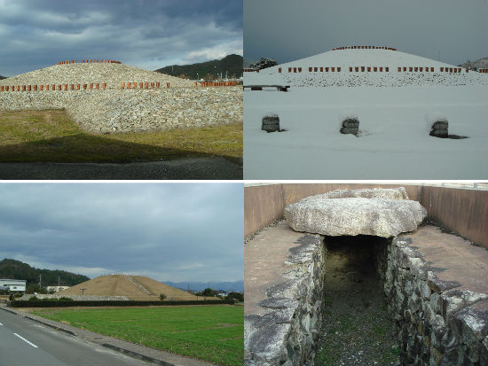 　기무라 마을과 이나타리 마을 사이에 있는 고분군입니다. 위 사진, 지금까지 시가켄에서 발견된 옛무덤 가운데 가장 큰 원형무덤으로 5세기 초 만들어진 것으로 보이는 구보타야마(久保田) 고분(반지름 57미터, 긴 길이 71.8 미터, 높이 현재 6.1 미터)입니다. 눈이 덮이기 전 모습과 눈이 덮인 뒤 모습니다. 아래 사진, 시가켄에서 발견된 사각형 무덤 가운데 가장 큰 아마고이야마(天乞山) 고분(한 변 길이 65 미터, 높이 10미터 정도로 추정)입니다. 그리고 꼭대기에 있는 굴 돌방무덤 복원 모습입니다.  
