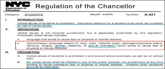 미국 뉴욕교육청 교육감규정. 이 규정은 성적 지향에 대한 언어적 차별도 금지하고 있으며, 이를 위반할 시에는 해고의 사유가 될 수도 있다는 걸 명시하고 있다. 