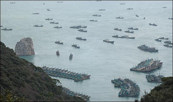 북서풍이 부는 가을부터 겨울철엔 높은 파도를 피해 홍도 앞바다로 중국 불법조업 어선들이 떼로 대피해온다. 