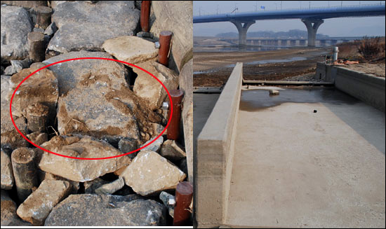 자연형 어도 상류콘크리트 구간이 드러나 말라 있었으며 설치한 돌들이 빠져나가 보강 공사를 한 것으로 보인다.