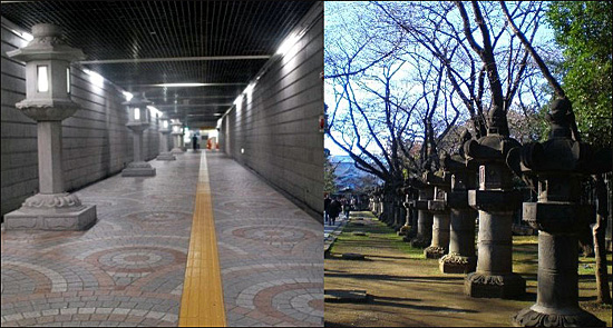 지하철3호선 경복궁역에 설치한  석등(왼쪽)과 일본신사의 참배로 석등(오른쪽)