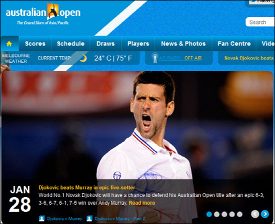  조코비치의 결승전 진출 소식을 알리고 있는 대회 공식 누리집(australianopen.com) 첫 화면