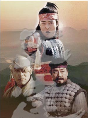 KBS 드라마 <왕건>. 가운데는 왕건(최수종 분), 왼쪽은 궁예(김영철 분), 오른쪽은 견훤(서인석 분). 