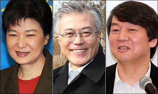 대선후보로 꼽히고 있는 박근혜 위원장과 문재인 이사장, 안철수 교수(왼쪽부터). 